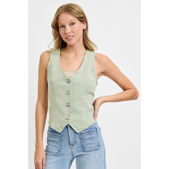 RISEN V-Neckline Button Closure Sleeveless Stretch Casual Denim Vest | Pistachio - Picture 2 of 7